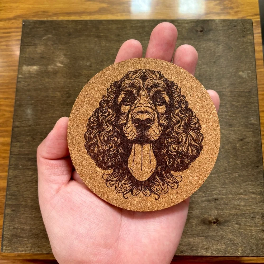 American Water Spaniel Dog Face Laser Engraved Cork Coaster